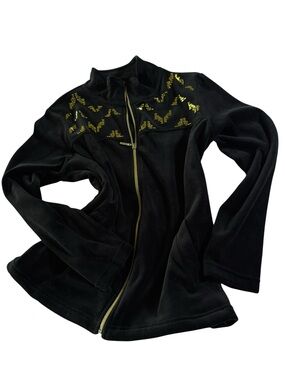 Onque Casual Black Velour Zip-Front Women's Jacket with Gold Metal Accent